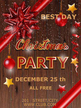 Christmas party design poster with bow. Vector illustration.