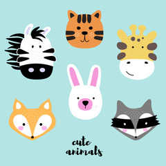 Set of cute animal faces. Collection of rabbit, giraffe, tiger, raccoon and fox. Creative cartoon print for baby card, invitation, nursery, apparel and textile. Vector Illustration in modern style.