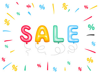 Sale sign of balloon letters. Sale word with color splashes and discount symbols, banner, vector illustration