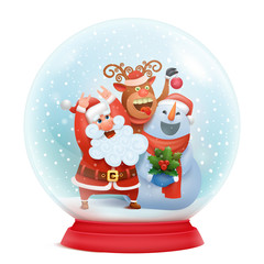 Snow globe with santa claus, snowman and reindeer. Christmas card concept