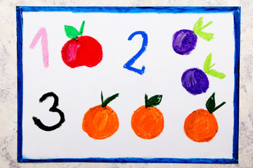 Colorful hand drawing. Numbers: one apple, two plums, and three oranges