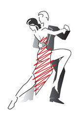 Tango, ballroom dancers.
Lineart stylized illustration of young couples dancing tango. Vector available. 
