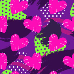 Abstract grunge vector seamless pattern with pink hearts, dots, paint smears on purple backdrop. Creative wallpaper for textile and fabric. For wrapping paper, design of banners, invitation, print on 