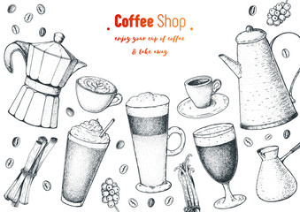 Coffee cups, beans and coffee pots illustration. Vintage design for coffee shop. Engraved vector illustration.