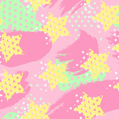 Abstract grunge vector seamless pattern with stars. Can be used for children, for girls and boys, print on clothes. Creative background with polka dots. Fashion wallpaper for textile and fabric.