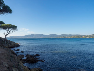Fototapeta na wymiar Le cap Lardier. La Croix Valmer. Vue sur la plage Gigaro, la baie de Cavalaire et la presqu'île de Saint-Tropez depuis le sentier du littoral.