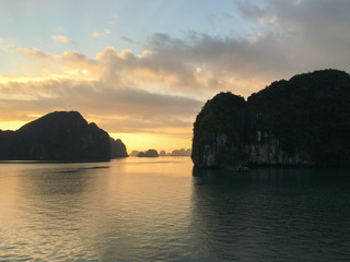 Magical and golden sunrise at Halong Bay, Vietnam, Southeast Asia