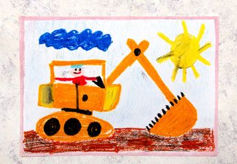 Colorful hand drawing: big yellow excavator