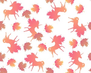 Seamless pattern with orange silhouette of unicorns and viburnum leaves isolated on white background in vector. Print for fabric, wallpaper.