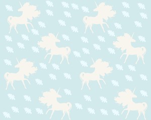 Simple endless pattern with silhouettes of unicorns and falling oak leaves on light blue background in vector. Print for fabric.