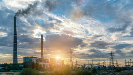 High-voltage power lines. Electricity distribution station. high voltage electric transmission...