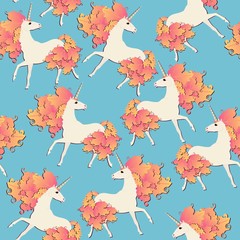 Unicorns with tail and mane in form of orange autumn leaves on blue sky background seamless pattern in vector.
