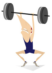 Fototapeta na wymiar Cartoon man weightlifter illustrationю Cartoon strong man is trying to lift a heavy weight isolated on white 