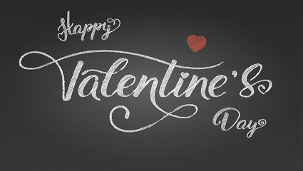 Happy Valentines day. Greetings poster with design of text. Modern calligraphy in vintage style. Hand-drawn of chalk text lettering on blackboard with textures. Vector illustration, eps10.