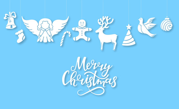 Angel, deer, lollipop, gingerbread man, bell, dove. New Year's decorations in the style cut out of paper. Merry Christmas hand drawn lettering. Horizontal congratulatory poster. Greeting card.