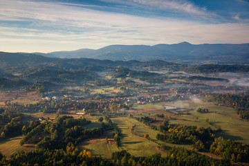 View from Krzyzna Gora in Rudawy Janowickie to Karkonosze mountains, Sudety, Poland - obrazy, fototapety, plakaty