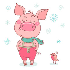 Funny cute pig with an arrogant expression, dressed in in pink pants