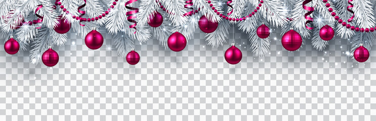Christmas and New Year banner with fir branches and pink Christmas balls on transparent background.
