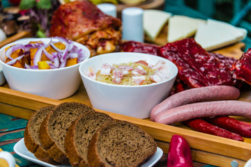 Display of assorted traditional Georgian dishes