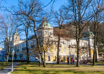 Naklejka premium Surrounded by trees, Hotel Nove Lazne is part of a much larger health spa resort and it enchanted by the multiplicity of architectural decorations.