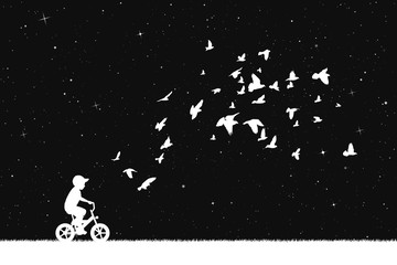 Boy on bike and pigeons in park at night. Vector illustration with silhouettes of child on bicycle and flocks of birds under starry sky. Inverted black and white