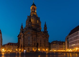 The famous Frauenkirche in Dresden during a night walk.