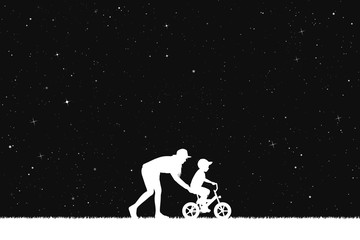 Girl teaching boy to ride bike in park at night. Vector illustration with silhouette of mother with child on bicycle under starry sky. Inverted black and white