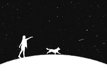 Obraz na płótnie Canvas Girl trains dog in park at night. Vector illustration with silhouettes of woman and running pet under starry sky. Inverted black and white