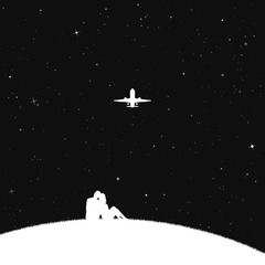 Lovers and flying aircraft in park at night. Vector illustration with silhouette of couple sitting on hill under starry sky. Inverted black and white