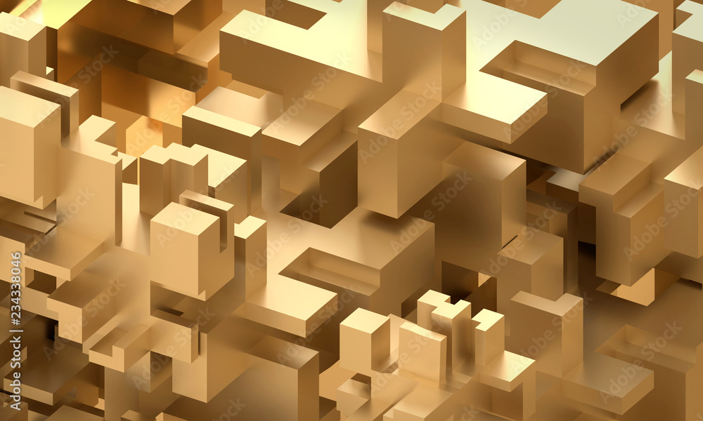 Poster gold squares blocks abstract background , 3d rendering.
