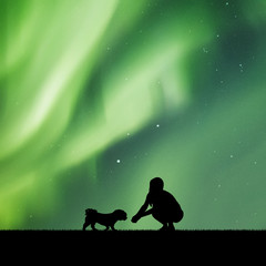 Girl with dog in park at night. Vector illustration with silhouettes of woman and pet. Northern lights in starry sky. Colorful aurora borealis