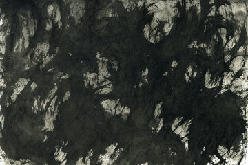 Black with grey ink texture with abstract washes and brush strokes on white watercolor paper background.
