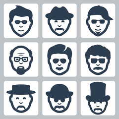 Vector isolated male faces icons set