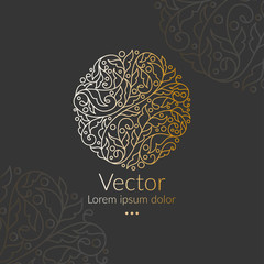 Gold linear leaf emblem. Elegant, classic vector. Can be used for jewelry, beauty and fashion industry. Great for logo, monogram, invitation, flyer, menu, brochure, background, or any desired idea
