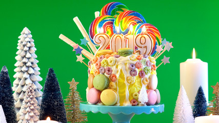 Happy New Year's candy land lollipop drip cake with 2019 candles on green chroma key background.