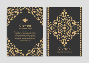 Fototapeta na wymiar Gold vintage greeting card on a black background. Luxury vector ornament template. Mandala. Great for invitation, flyer, menu, brochure, postcard, wallpaper, decoration, or any desired idea.