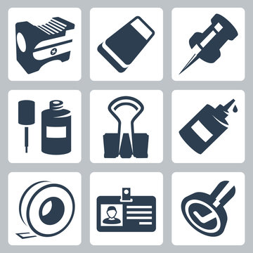 Vector office stationery icons set: pencil sharpener, eraser, push pin, correction fluid, clip, glue, sticky tape, identity tag, stamp