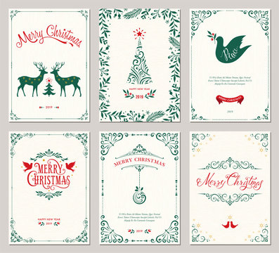 Ornate vertical winter holidays greeting cards with New Year tree, reindeers, Christmas Dove, typographic design, floral and swirl frames. 