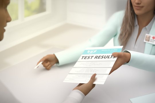 Medical illustration with selective focus - pretty woman medical doctor gives patient test results to sign in a bright doctors room, 3D illustration