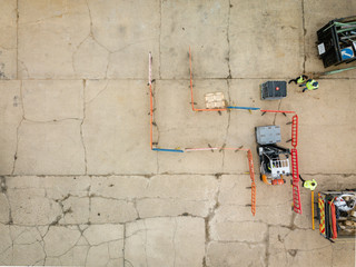 Aerial view of practical forklift training course. Industrial background.