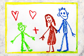 Colorful drawing: foster family. A smiling couple and their adopted child