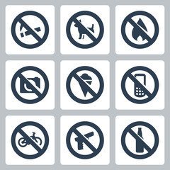 Vector "prohibitory signs" icons set: no smoking, no dogs, no fire, no cameras, no icecream, no cell phones, no bicycles, no guns, no alcohol