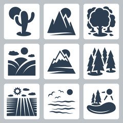 Vector nature icons set: desert, mountains, forest, meadow, snow-covered mountains, conifer forest, field, sea, lake