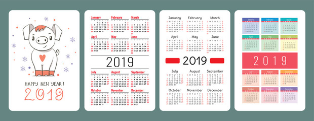 Calendar 2019. English colorful set. Week starts on Sunday. Pig. Cartoon piggy. Chinese horoscope. Happy New Year. Christmas card. Basic grid