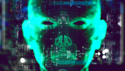 Programación de algoritmos y concepto de inteligencia artificial. Biometría y reconocimiento facial. Fondo abstracto de la cara y de la tecnología del cyborg. Big data y aprendizaje automático.