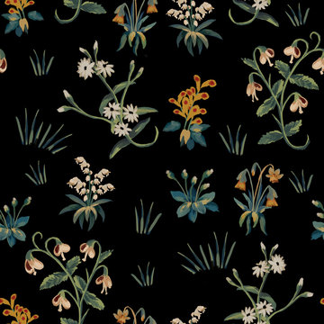 Hand drawn floral seamless pattern in medieval tapestries style on black background © Julia