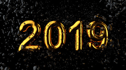 2019 Type, Gold Textured Text With Liquid Drops, Black Background