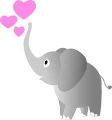 Cute little elephant and three pink hearts. Vector illustration .