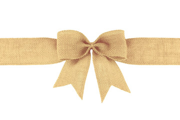 Vintage burlap ribbon bow isolated on white background