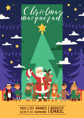 Christmas 2019 Happy New Year greeting card Santa and happy kids children costume vector background banner holidays winter xmas hand draw congratulation New Year poster or web banner illustration